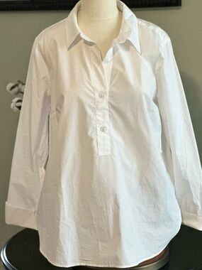 Talbots White Long-Sleeve Women’s Popover   Partial Button Down Blouse -L
